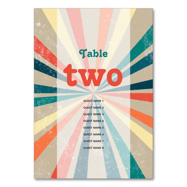Colourful Retro Sunburst Wedding Table Number (Front)