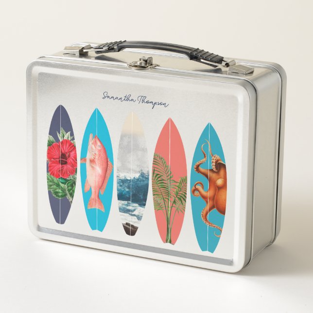 Colourful Retro Surfboards Pattern Custom Name Metal Lunch Box (Front)