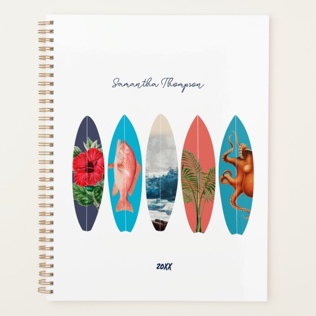 Colourful Retro Surfboards Pattern Custom Name Planner (Front)