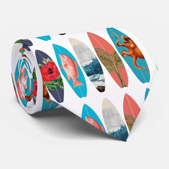 Colourful Retro Surfboards Pattern Tie (Rolled)