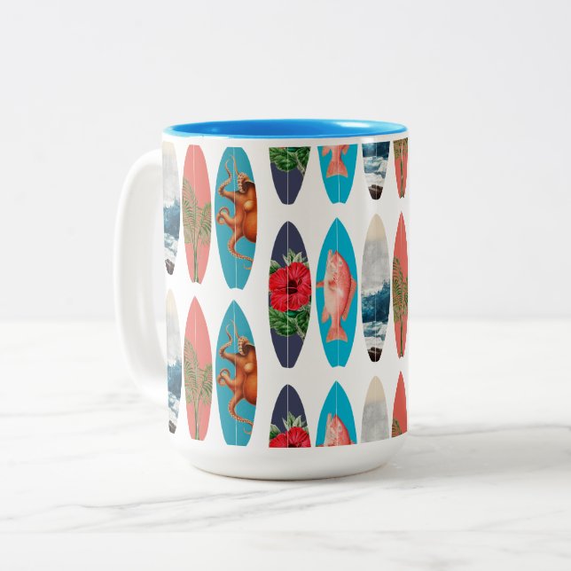 Colourful Retro Surfboards Pattern Two-Tone Coffee Mug (Front Left)