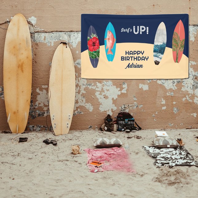 Colourful Retro Surfboards Surfs Up Birthday Party Banner (Colorful Retro Surfboards Surfs Up Birthday Party Banner)