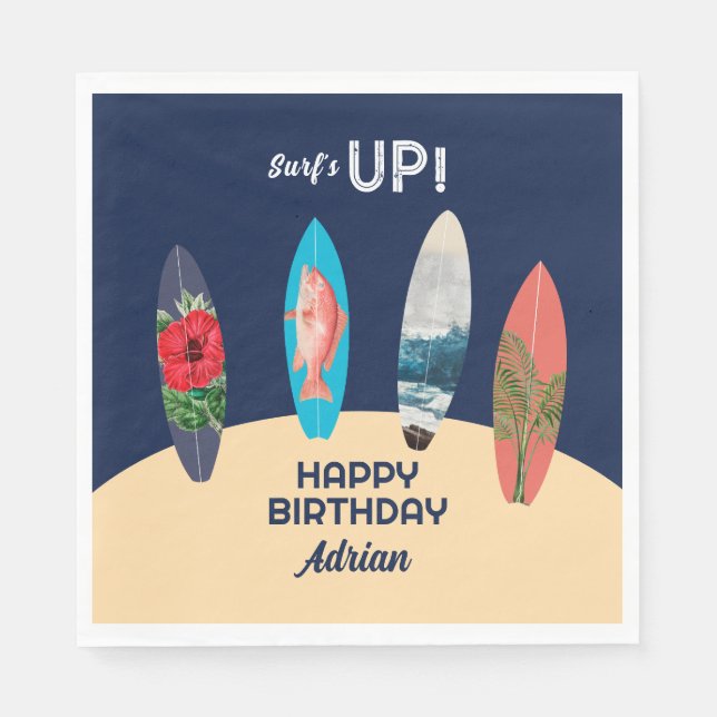 Colourful Retro Surfboards Surfs Up Birthday Party Napkin (Front)