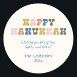 Colourful Retro Typography Hanukkah Classic Round Sticker<br><div class="desc">Cute and colourful Hanukkah greeting with fun retro typography. Personalise with your favourite greeting!</div>