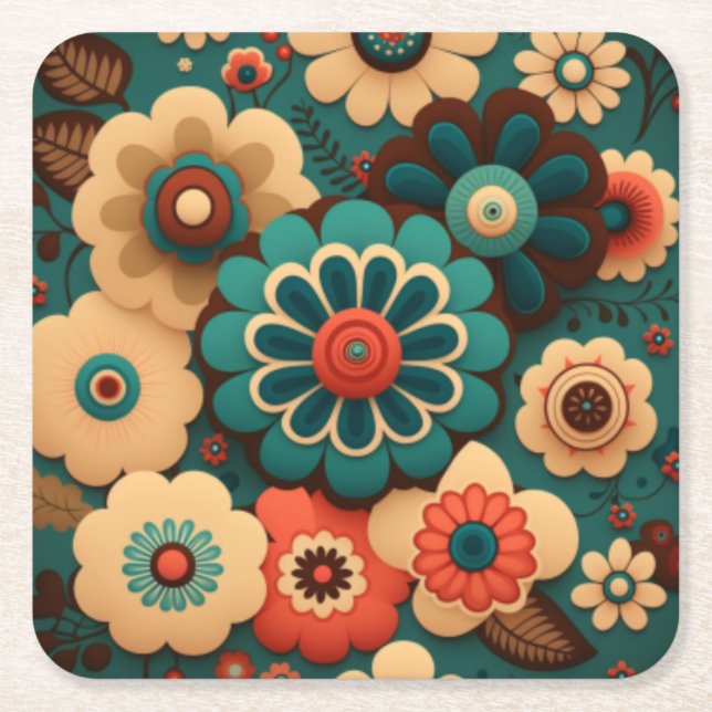 Colourful retro vintage flowers square paper coaster (Front)