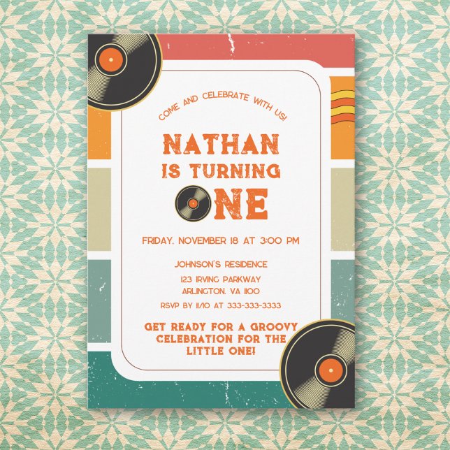Colourful Retro Vinyl 1st Kids Birthday Groovy Invitation (Creator Uploaded)