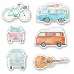 Colourful Retro Watercolor Van Bicycle Guitar
