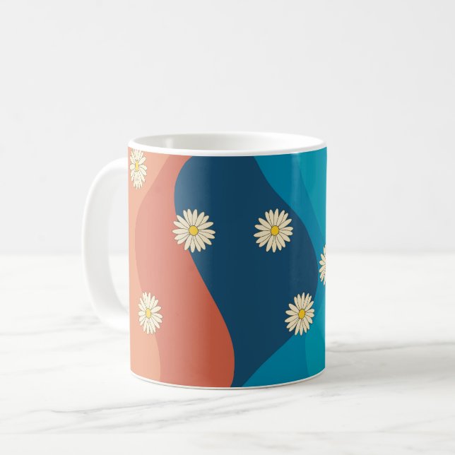 Colourful Retro Waves & Daisies Pattern  Coffee Mug (Front Left)