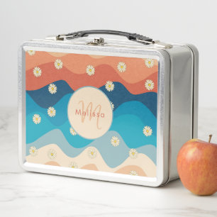 Colourful Retro Waves & Daisies Pattern Monogram  Metal Lunch Box
