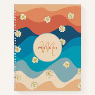 Colourful Retro Waves & Daisies Pattern Monogram Notebook