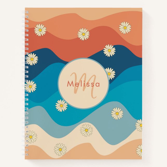 Colourful Retro Waves & Daisies Pattern Monogram  Notebook (Front)