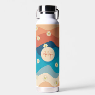 Colourful Retro Waves & Daisies Pattern Monogram Water Bottle