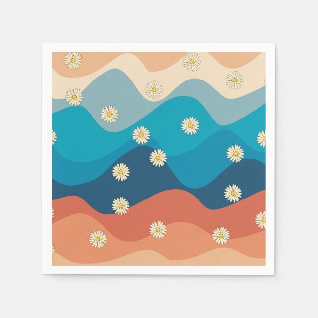 Colourful Retro Waves & Daisies Pattern Napkin (Front)
