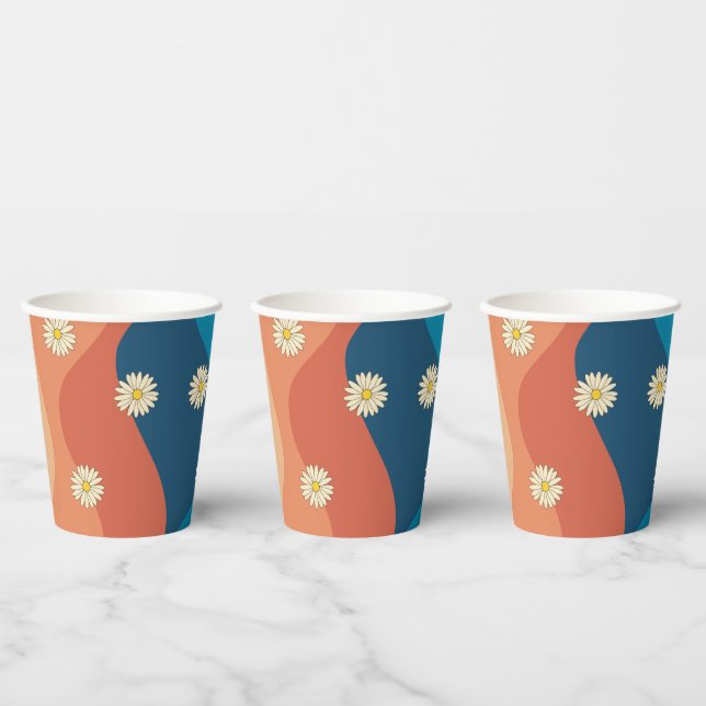 Colourful Retro Waves & Daisies Pattern Paper Cups (Multi)