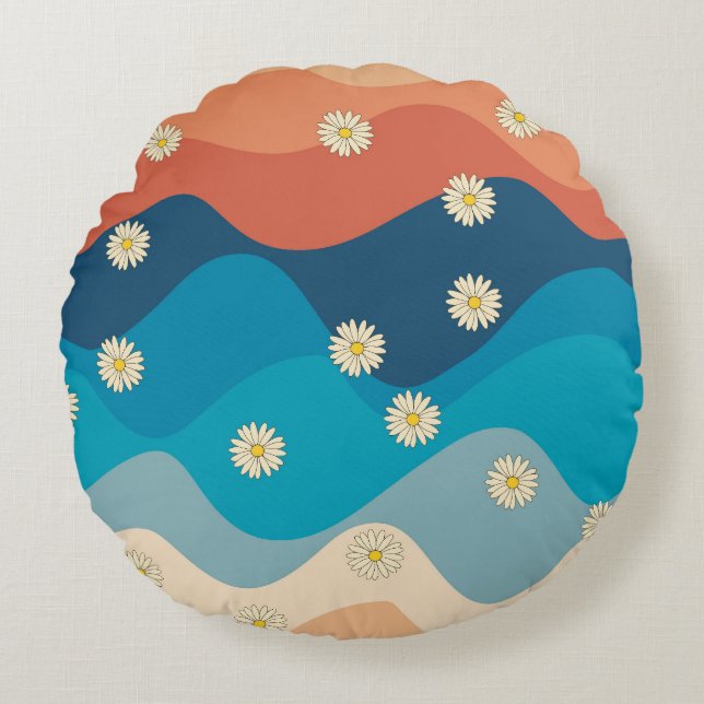 Colourful Retro Waves & Daisies Pattern Round Cushion (Front)