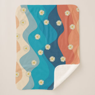 Colourful Retro Waves & Daisies Pattern   Sherpa Blanket
