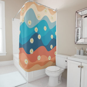 Colourful Retro Waves & Daisies Pattern Shower Curtain