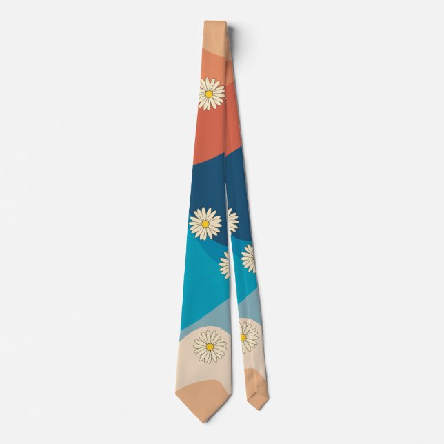 Colourful Retro Waves & Daisies Pattern  Tie (Front)