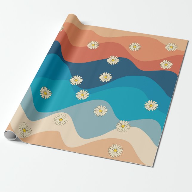 Colourful Retro Waves & Daisies Pattern  Wrapping Paper (Unrolled)