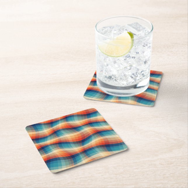 Colourful Retro Waves Vintage Square Paper Coaster (Insitu)