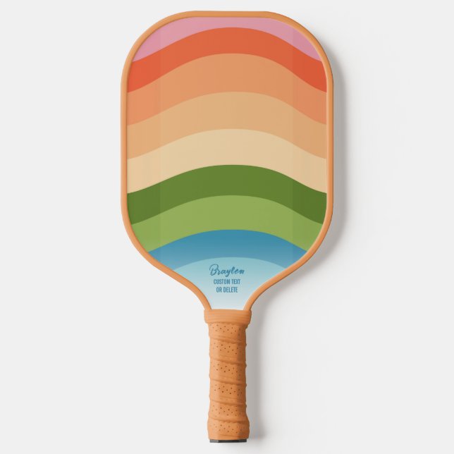 Colourful Retro Wavy Lines Personalised Text Name Pickleball Paddle (Front)