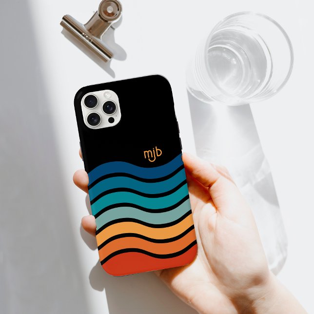 Colourful Retro Wavy Stripes Pattern with Monogram Case-Mate iPhone Case (Cool wavy stripes on a black background make this case pop with style!)