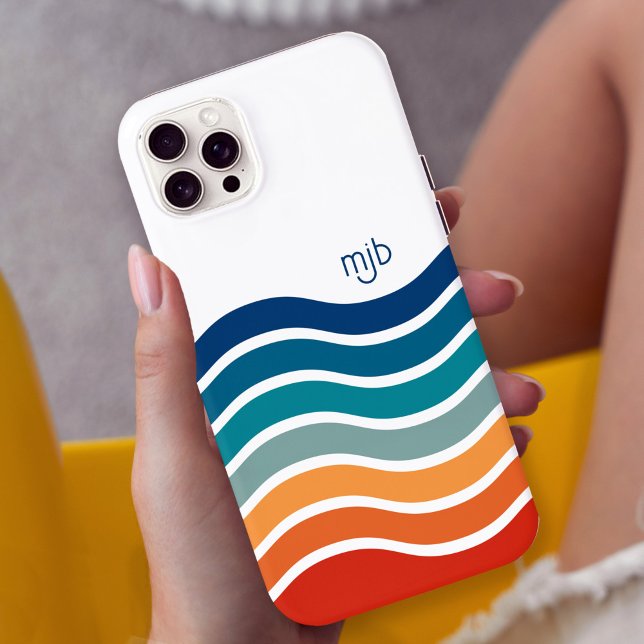 Colourful Retro Wavy Stripes Pattern with Monogram iPhone Case (Personalize this bright cheerful retro stripes iPhone case with your monogram initials.)