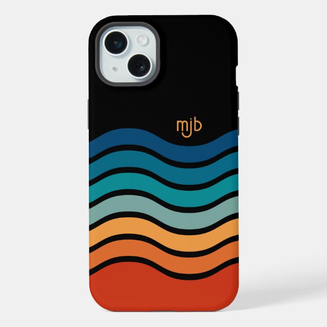 Colourful Retro Wavy Stripes Pattern with Monogram iPhone Case (Back)