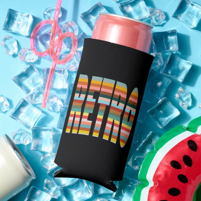 Colourful Retro Word Stripes  Seltzer Can Cooler (In Situ Summer)