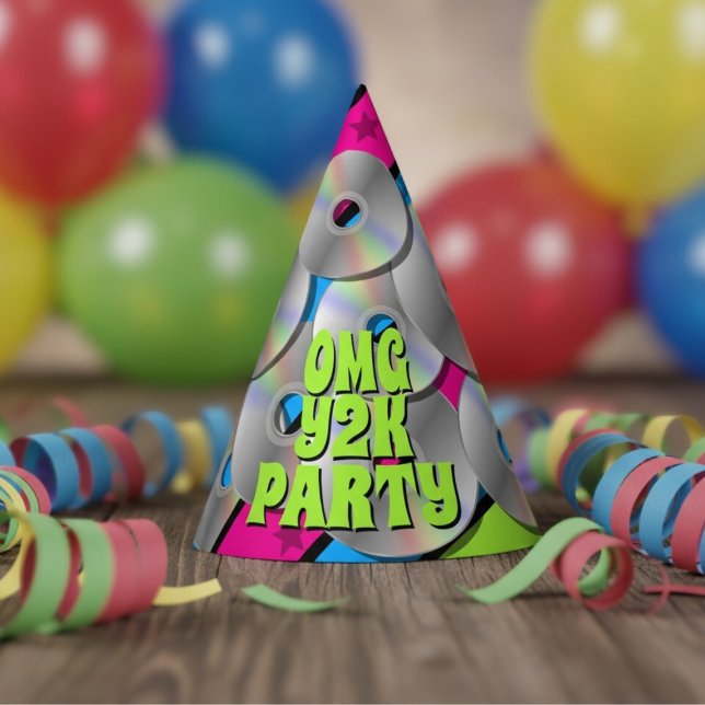 Colourful Retro Y2K Music CDs Pop Art Party Hat (Fun and colorful paper hat for your Y2K throwback party)
