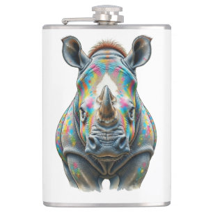 Colourful Rhino Portrait Vibrant Wildlife  Hip Flask