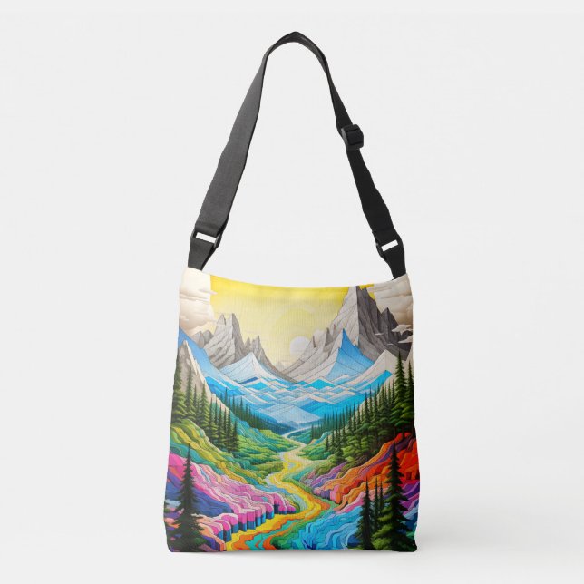 Colourful River Valley Illustration Crossbody Bag (Front)