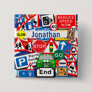 Colourful Road Signs, and Automobile, Custom Name 15 Cm Square Badge