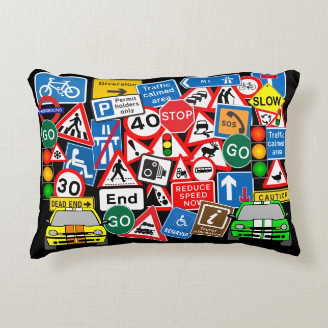 Colourful Road Signs and Cars Decorative Cushion (Front)