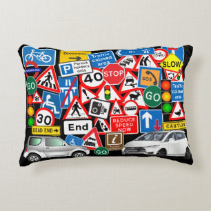 Colourful Road Signs and Cars Decorative Cushion