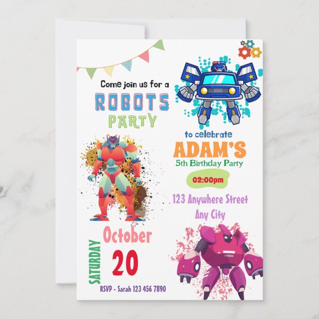 Colourful Robot birthday invitations (Front)