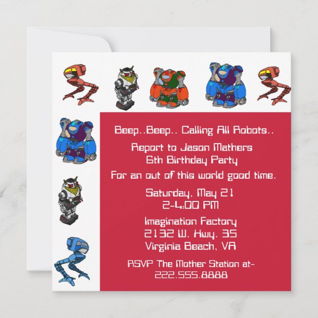 Colourful Robot Birthday Party Invitation (Front)