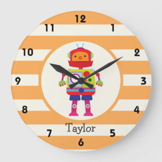 Colourful Robot on Orange Stripes Large Clock