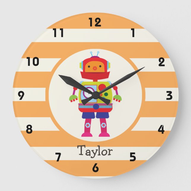 Colourful Robot on Orange Stripes Large Clock (Front)