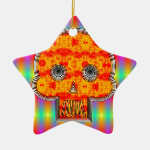 Colourful Robot Skull On Rainbow Background Ceramic Tree Decoration