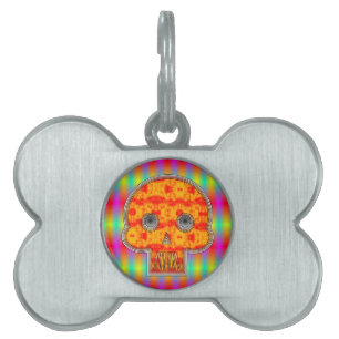 Colourful Robot Skull On Rainbow Background Pet ID Tag