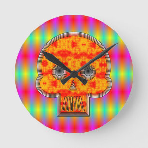 Colourful Robot Skull On Rainbow Background Round Clock