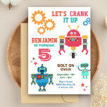 Colourful Robots Kids Birthday Party Invitation<br><div class="desc">Amaze your guests with this colourful birthday party invitation featuring cute little robots with vibrant typography against a white background. Simply add your event details on this easy-to-use template to make it a one-of-a-kind invitation. Flip the card over to reveal an elegant colourful stripes pattern on the back of the...</div>
