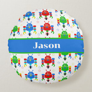 Colourful Robots Kids Personalised Round Cushion