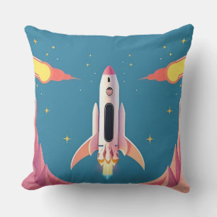 Colourful Rocket Launch in Vibrant Cartoon Cushion