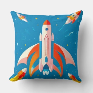Colourful Rocket Launch in Vibrant Cartoon Cushion