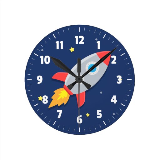 Image of Colourful Rocket Ship, Outer Space, For Kids Room Round Clock