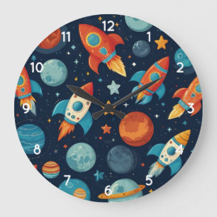 Colourful Rocket Ship Space and Planets For Kids Large Clock