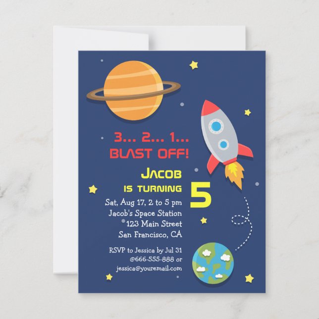 Colourful, Rocket Ship, Space Party, Kids Birthday Invitation (Front)
