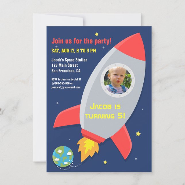 Colourful Rocket Space Party Kids Birthday Photo Invitation (Front)